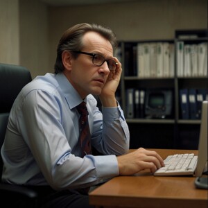 A frustrated customer sitting at a desk, waiting impatiently in front of a computer screen displaying a generic delay indicator (without any text). In the background, a modern, well-dressed professional is assisting another client smoothly, representing fast and efficient service. The scene is set in a high-end office.