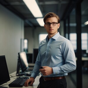 A helpful IT specialist is standing by, ready to assist. The setting is a modern and well-lit office.