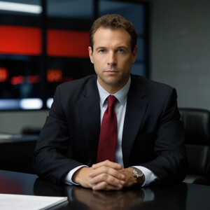 A professional businessman sitting at his modern office desk, looking at his computer screen with a concerned expression. The screen displays a subtle red warning light (without text). The environment is well-lit with a corporate feel, featuring a laptop, documents, and a cup of coffee.