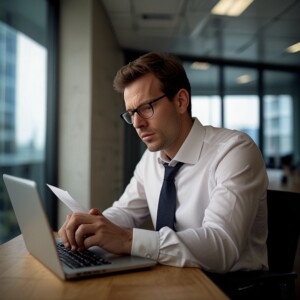 A professional businessperson sitting at a desk, looking frustrated at a laptop screen displaying an error message while trying to sign a digital document. A contract and a pen are on the table, emphasizing the urgency of needing a digital certificate. The scene is set in a modern office.
