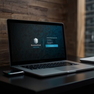 A professional side-by-side comparison of two digital security devices: on the left, a modern laptop displaying a digital certificate, and on the right, a USB security token. The setup is sleek and minimalist, with a dark, high-tech background emphasizing security and technology.